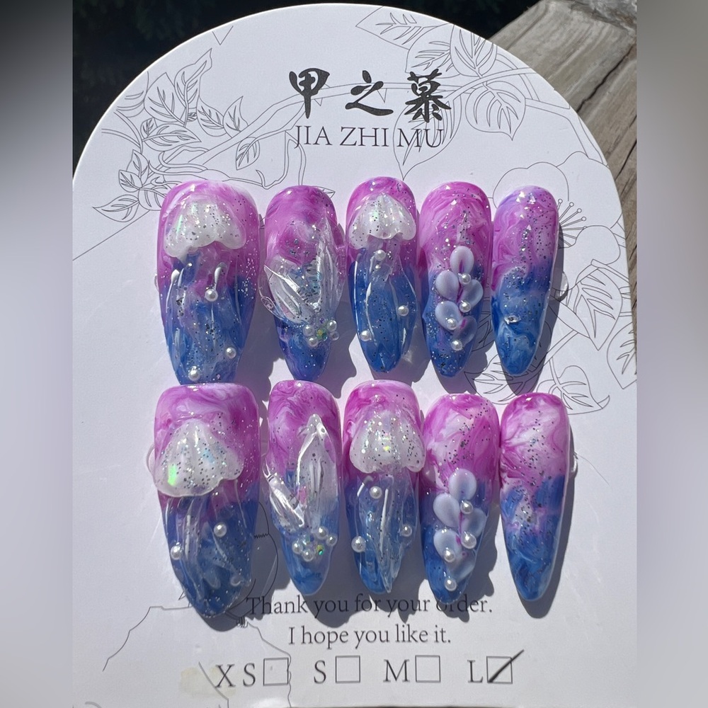 3D hand painted jelly fish press on nails 3.0 almond